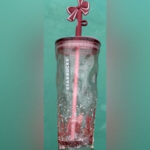 Starbucks Holiday Frosted Rose Tumbler with Lid and Bow Straw Topper (2025)